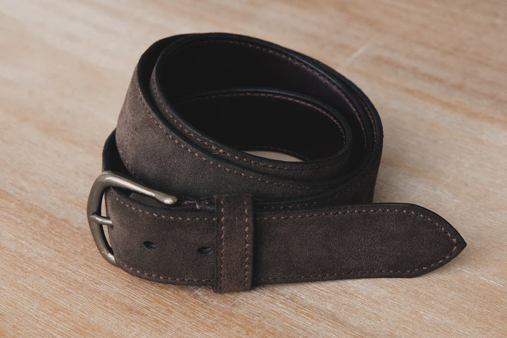 Handmade dark brown suede belt with antique finish solid brass buckle. Hand stitched, lined and customizable