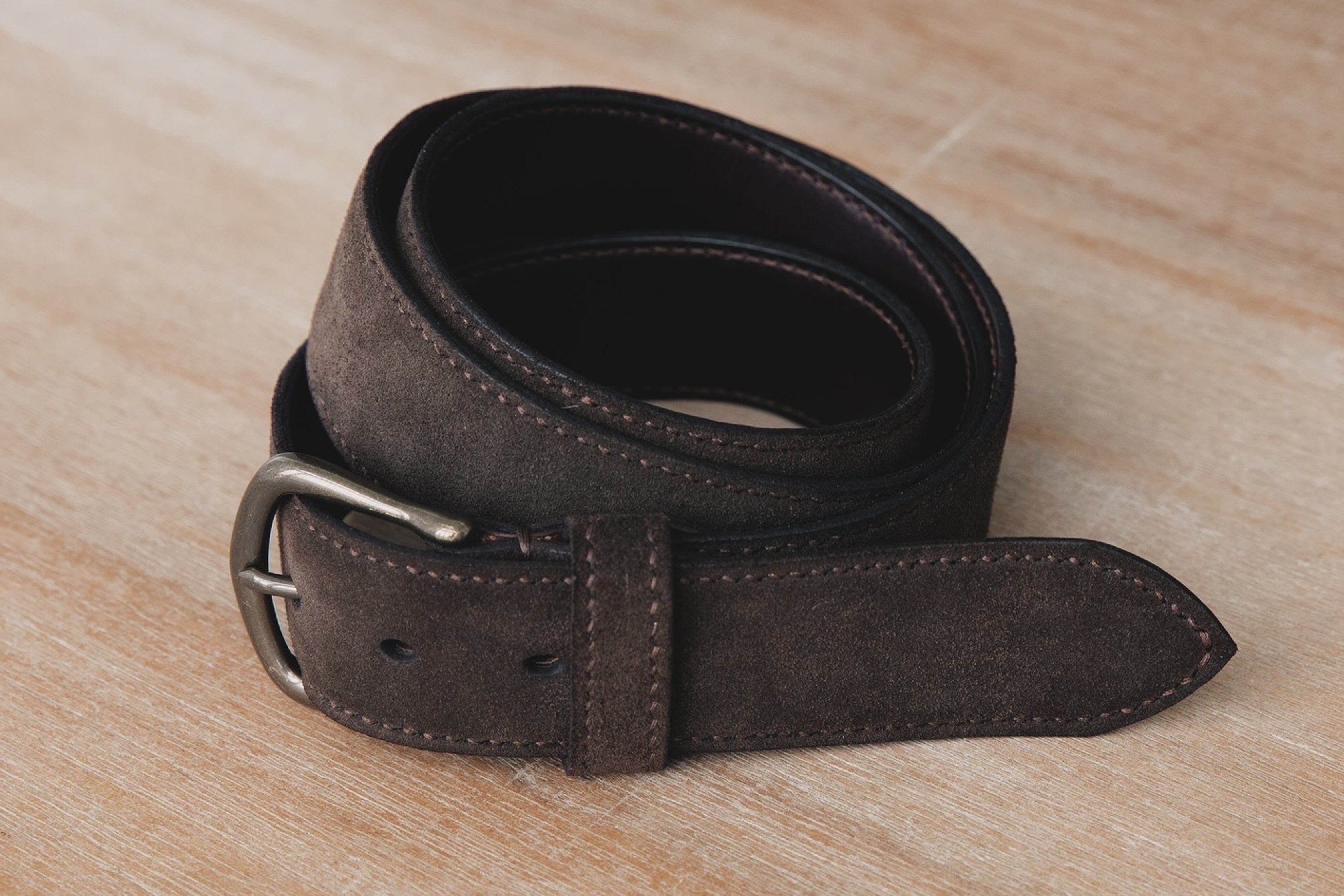 Handmade dark brown suede belt with antique finish solid brass buckle. Hand stitched, lined and customizable