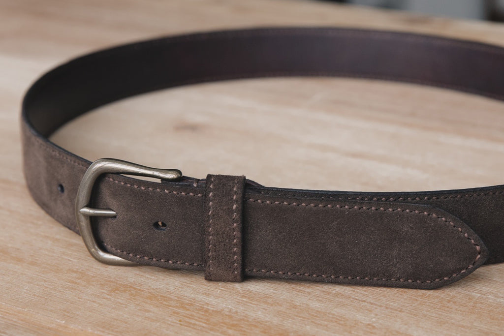 Handmade dark brown suede belt with antique finish solid brass buckle. Hand stitched, lined and customizable