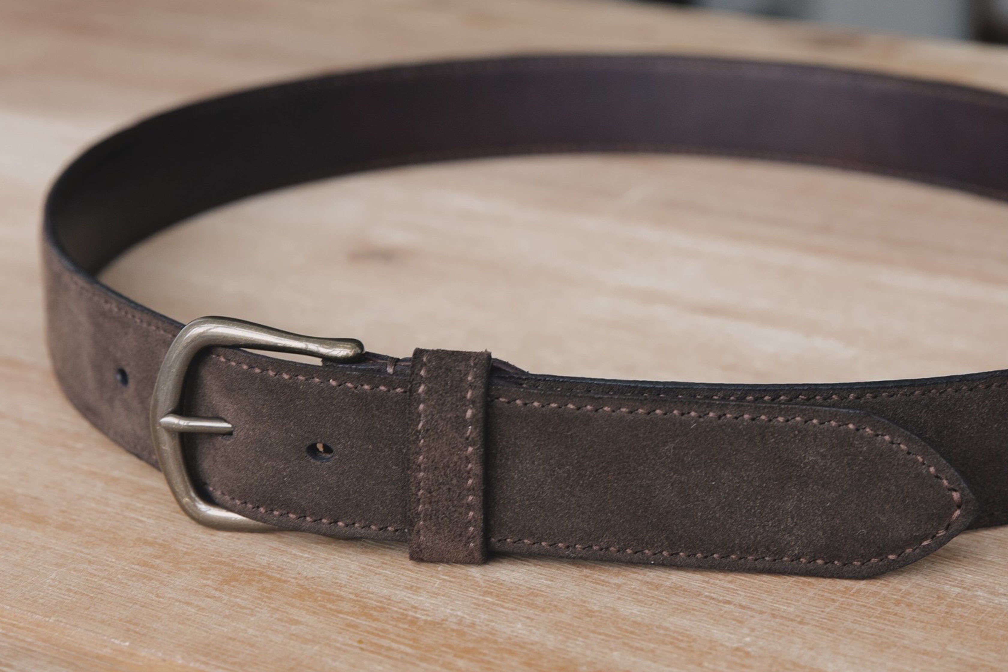 Handmade dark brown suede belt with antique finish solid brass buckle. Hand stitched, lined and customizable