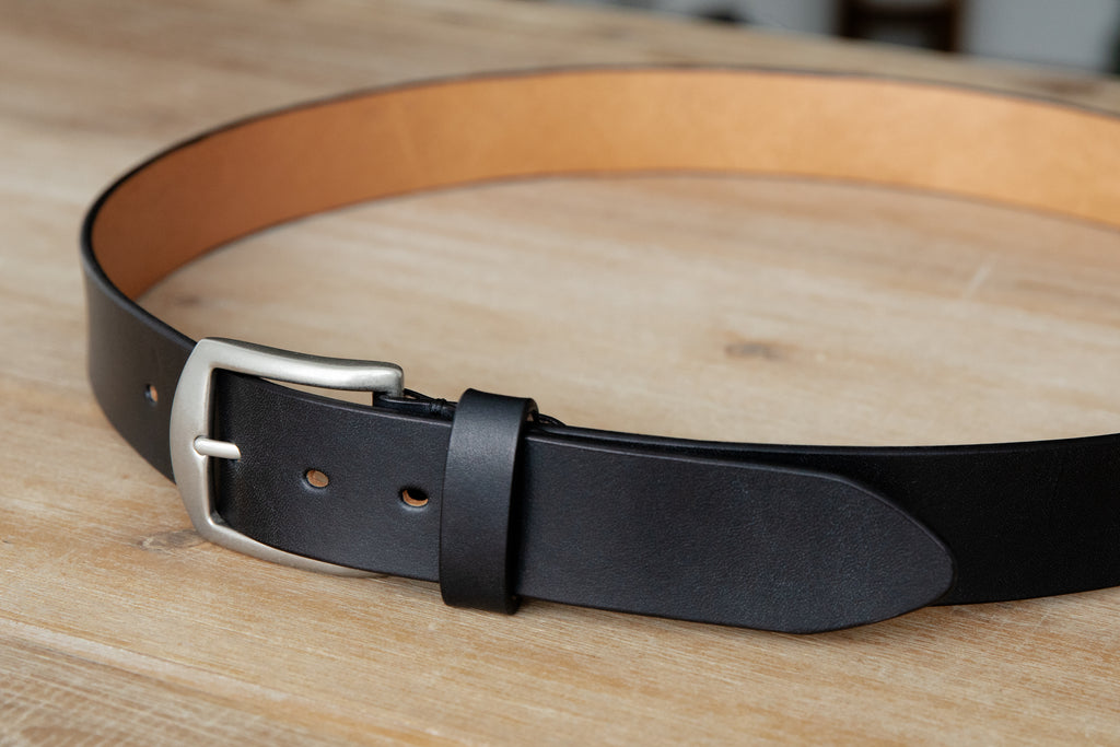 Handmade black Italian leather belt with brushed nickle finish solid brass buckle