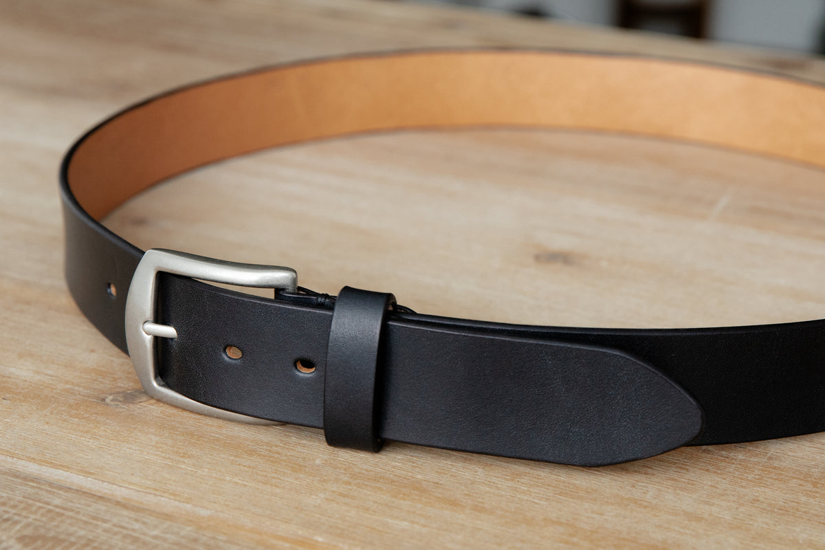 Handmade black Italian leather belt with brushed nickle finish solid brass buckle