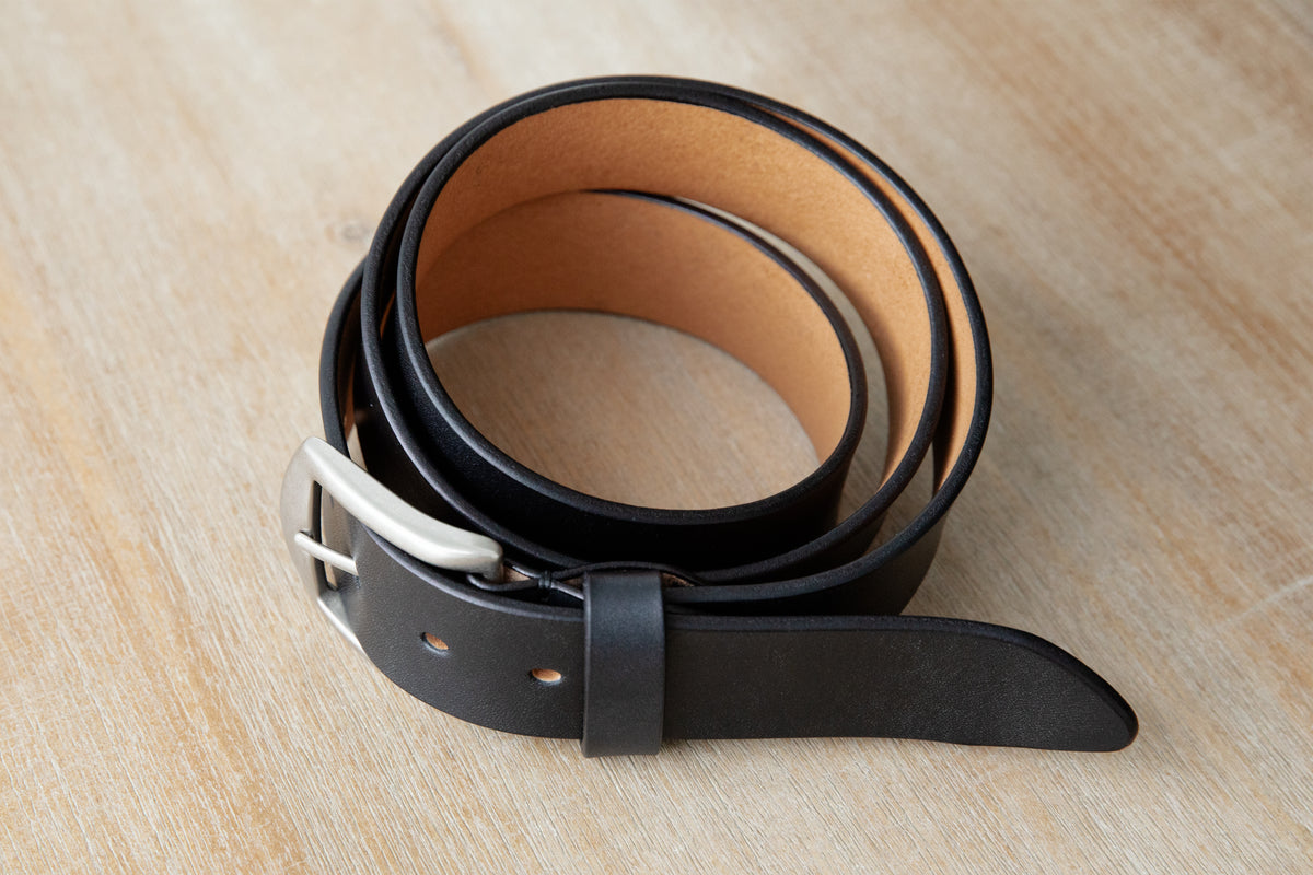 Handmade black Italian leather belt with brushed nickle finish solid brass buckle