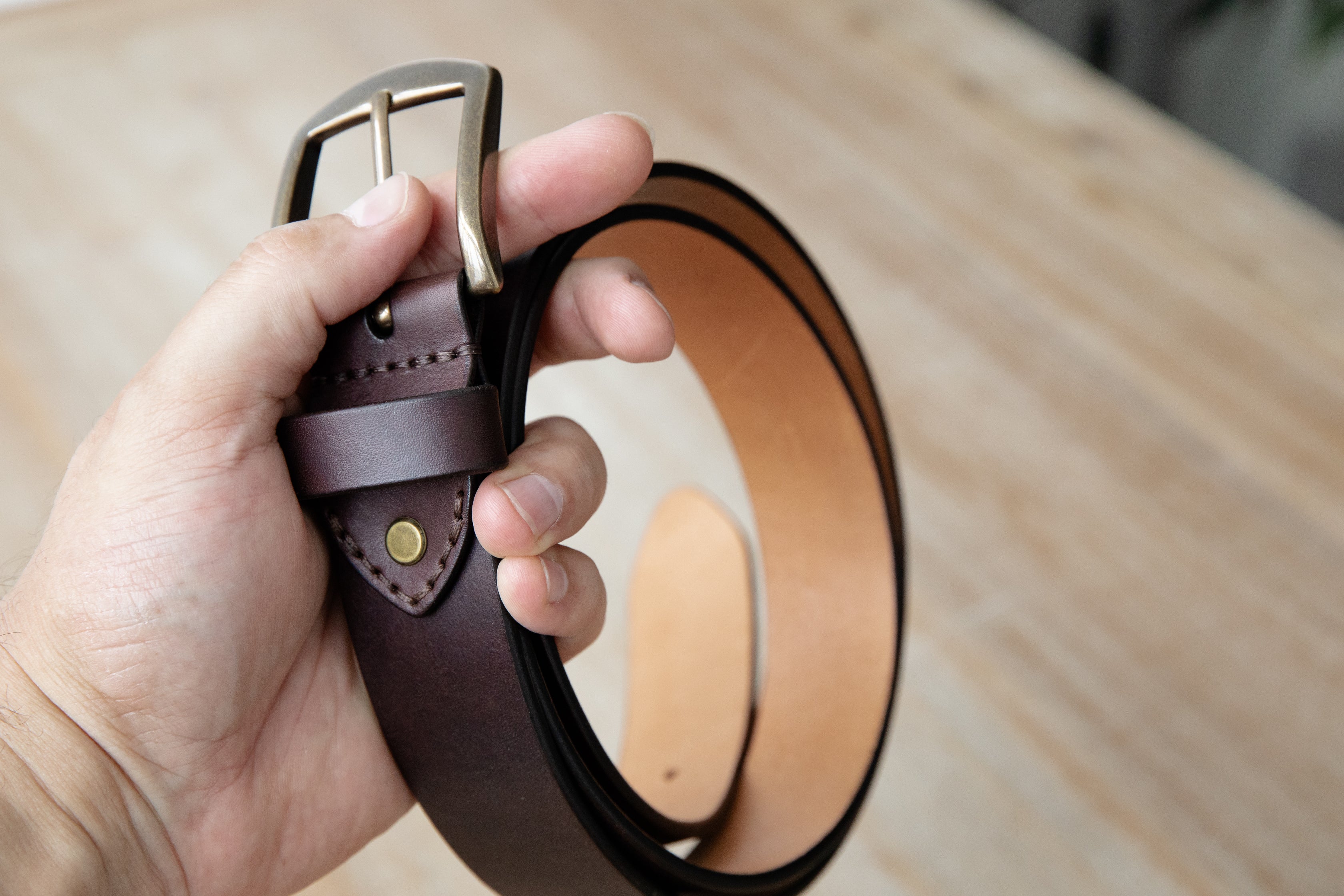 Handmade dark brown Italian leather belt with antique finish solid brass buckle