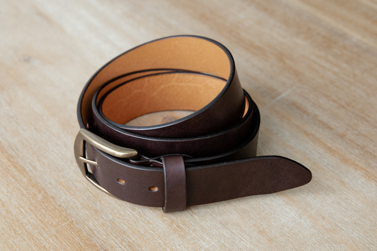 Handmade dark brown Italian leather belt with antique finish solid brass buckle