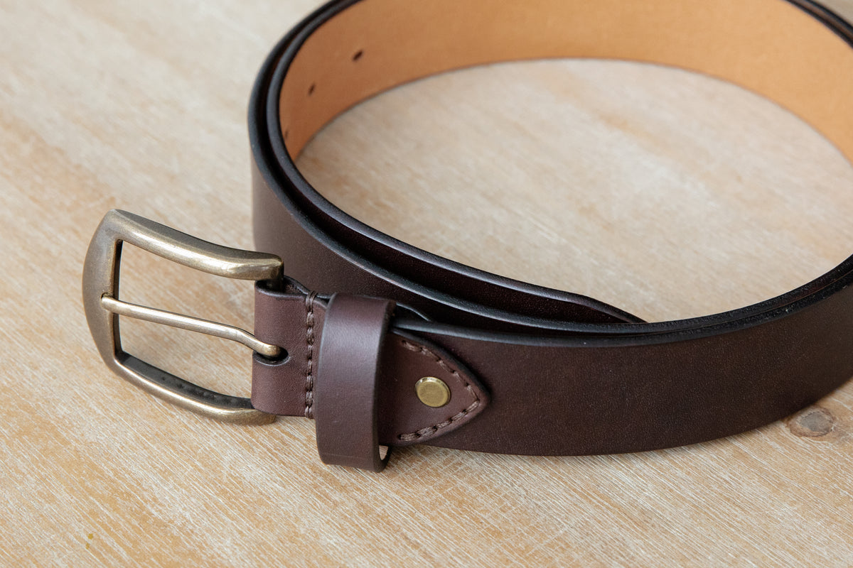 Handmade dark brown Italian leather belt with antique finish solid brass buckle